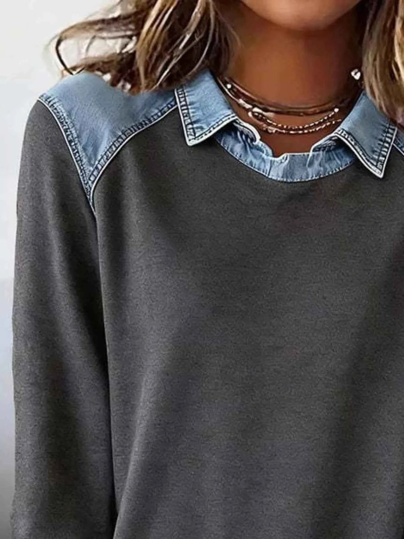 Full Size Denim Trim Long Sleeve Top Plus Size