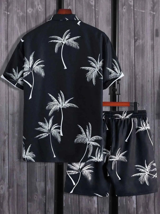 Men's Full Size Palm Print Button Up Shirt and Shorts Set Plus Size