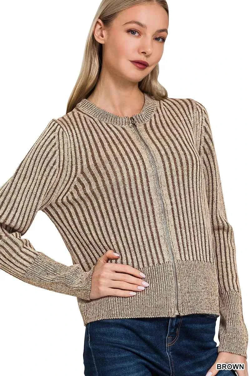 Zenana Ribbed Two Tone Zip Up Sweater Cardigan