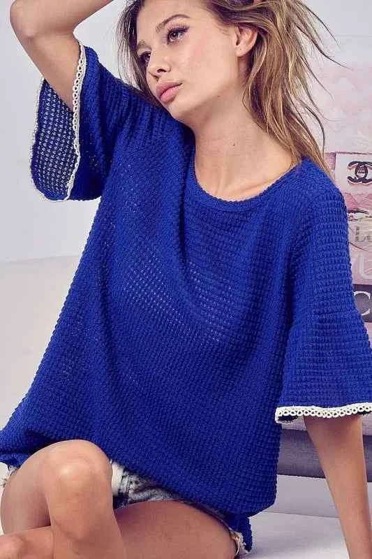 BiBi Popcorn Waffle Knit Top with Pompom Lace