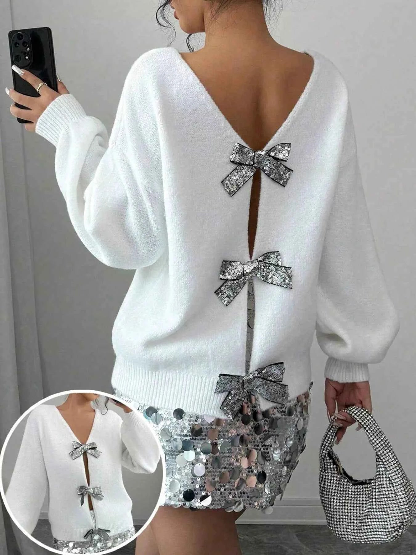Bow-Decor Dropped Shoulder Knit Cardigan