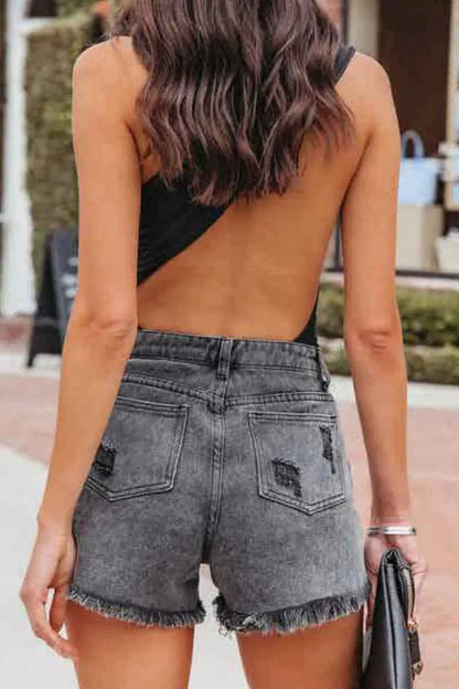 Rhinestone Fringe Distressed Denim Shorts