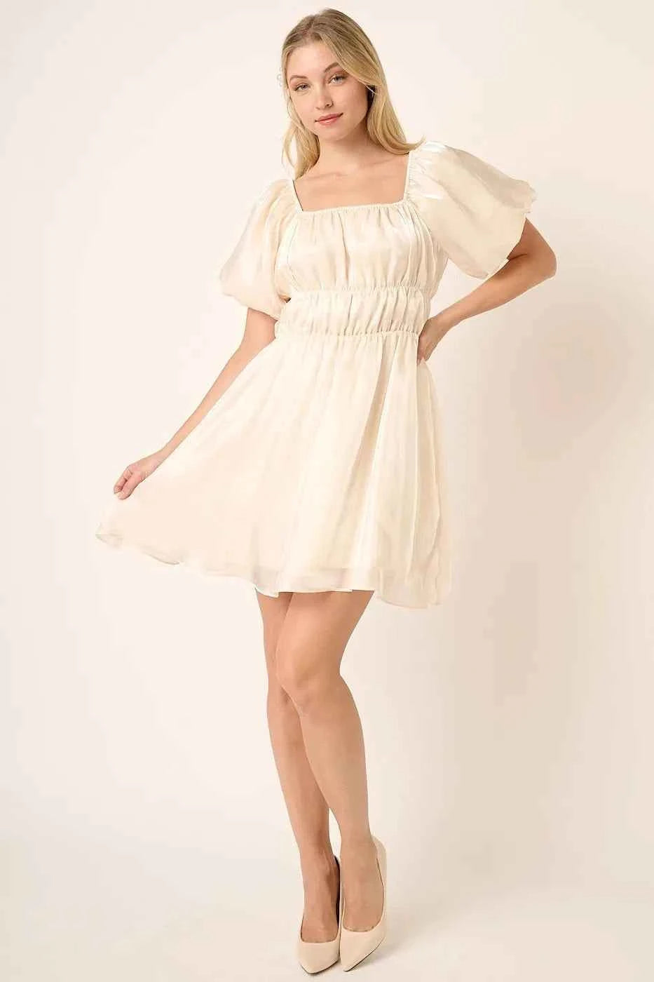 Mittoshop Metallic Organza Fabric Balloon Sleeve Mini Dress