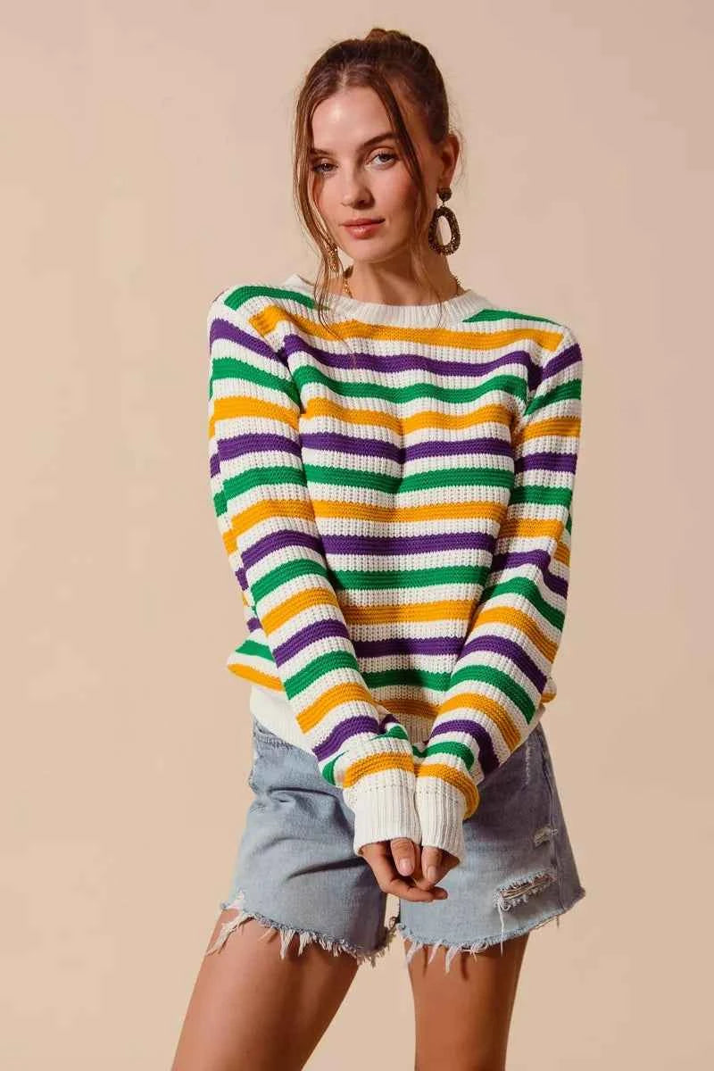 SO ME Mardi Gras Color Stripe Knit Sweater Top