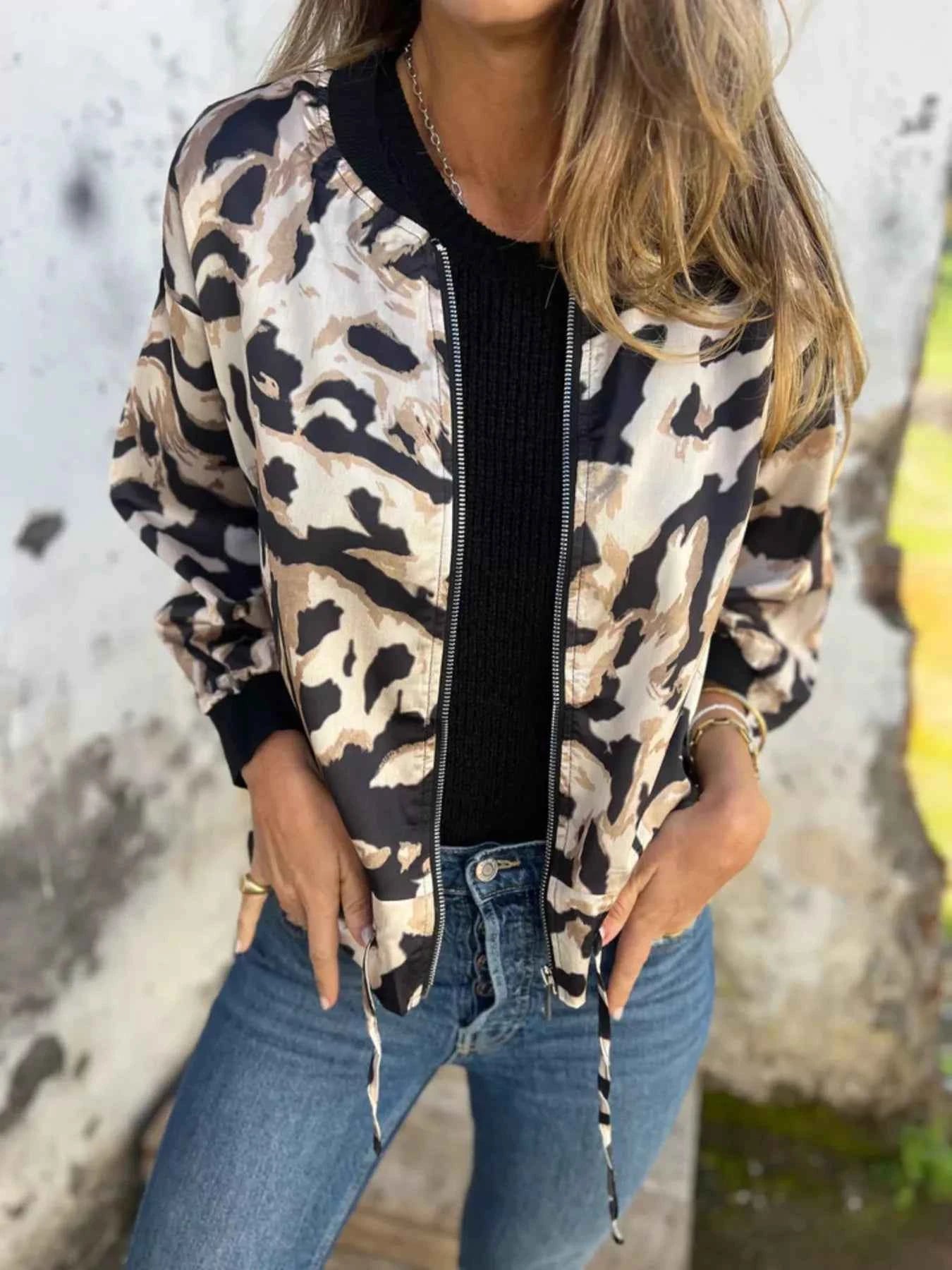 Full Size Zip Up Zebra Print Bomber Jacket Plus Size