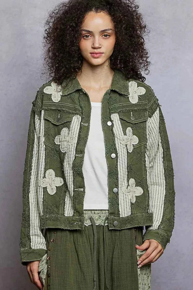 POL Button Down Raw Hem Jacket with Floral Patch