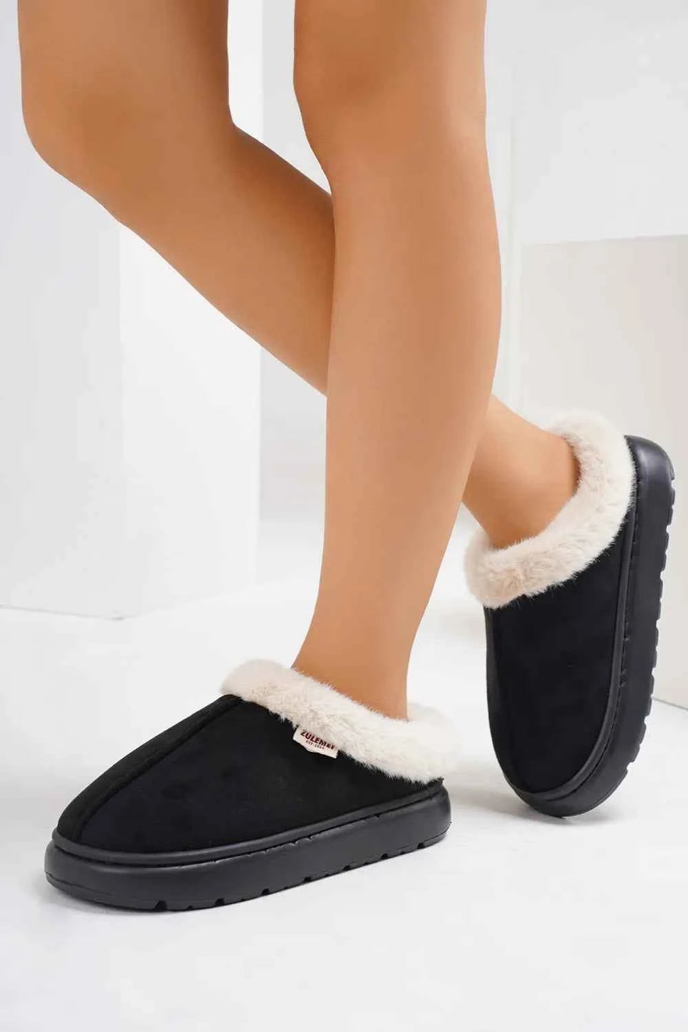 Furry Round Toe Platform Slippers
