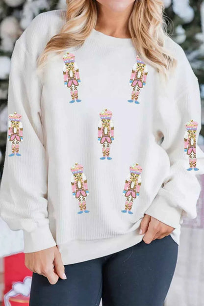 Full Size Corded Rib Sequin Patched Nutcracker Graphic Drop Shoulder Sweatshirt Plus Size