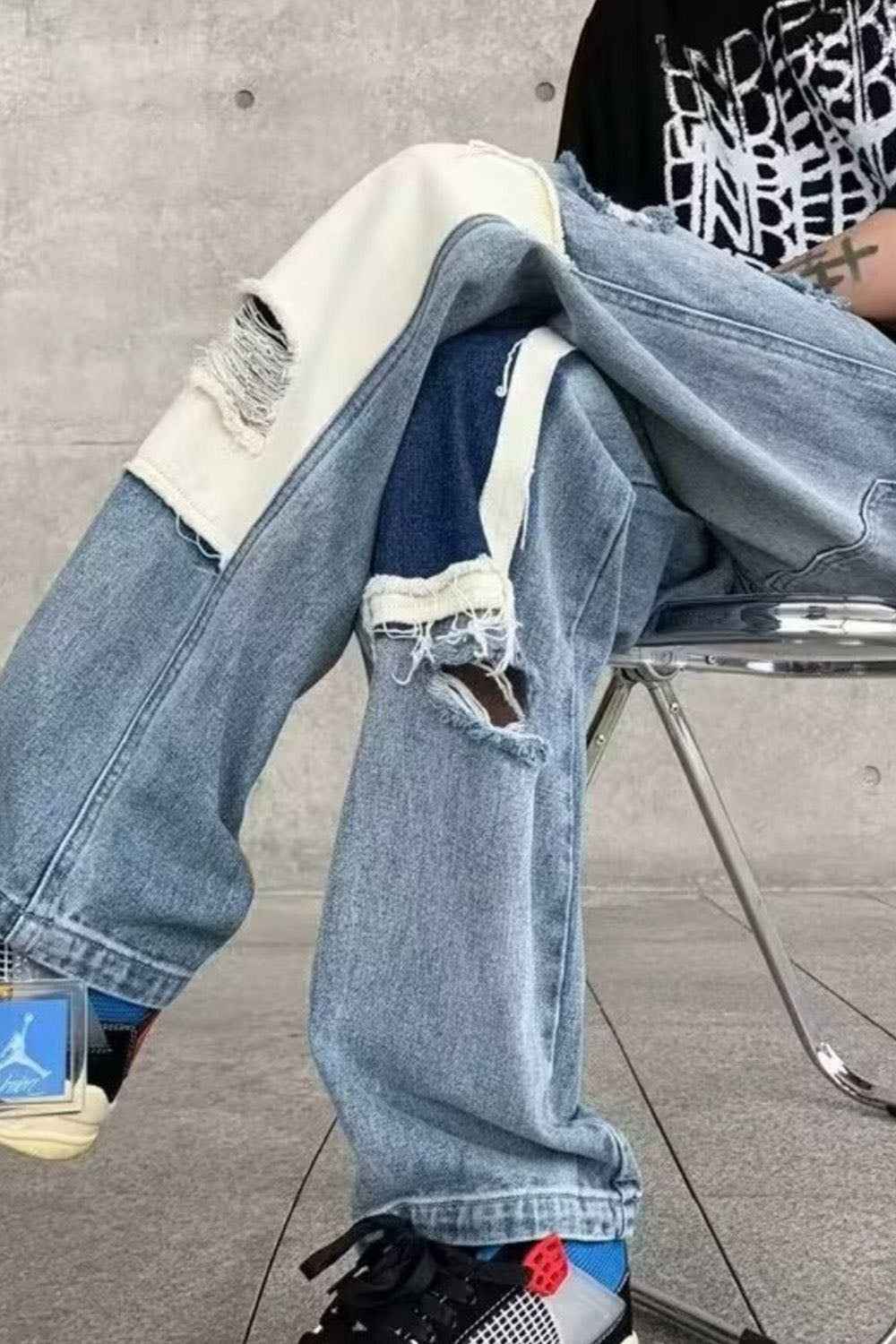Men's Ripped Patchwork Wide Leg Jeans