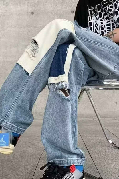 Men's Ripped Patchwork Wide Leg Jeans