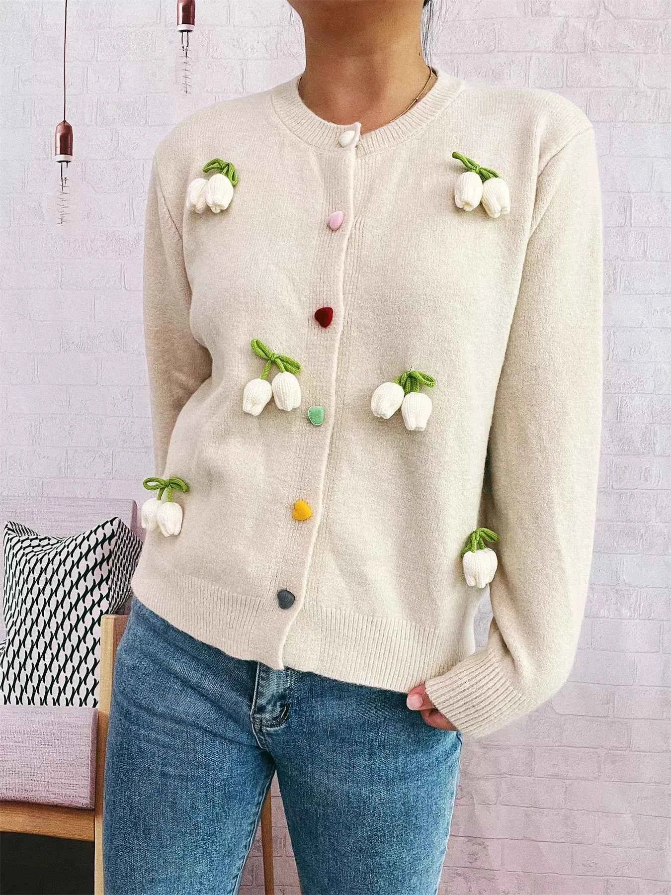 Flower Button Up Long Sleeve Cardigan