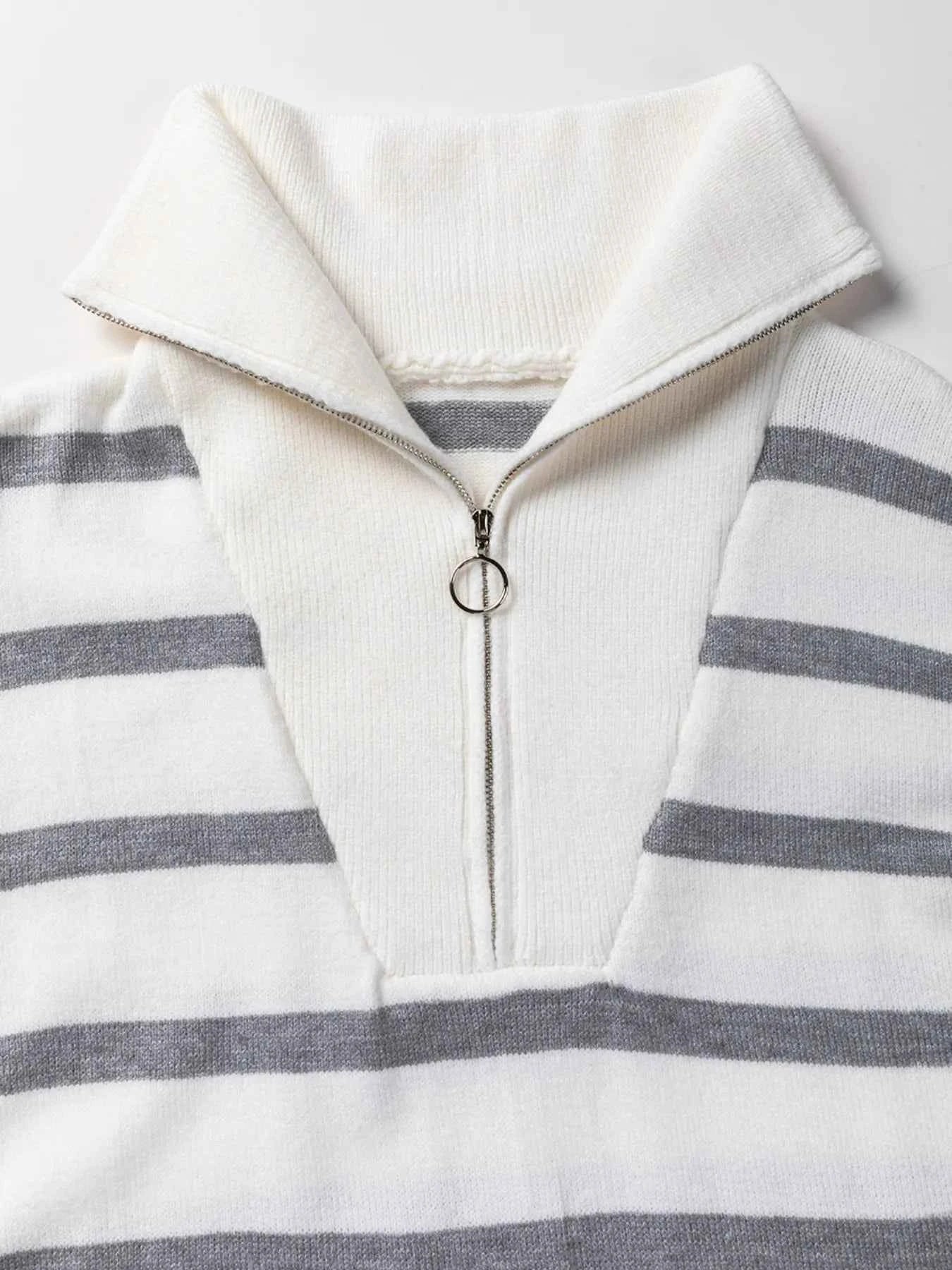 Striped O-ring Zip Collared Loose Sweater Mini Dress