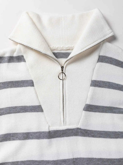 Striped O-ring Zip Collared Loose Sweater Mini Dress