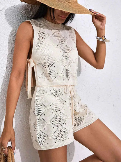 Diamond Pattern Sleeveless Top and Shorts Knit Set