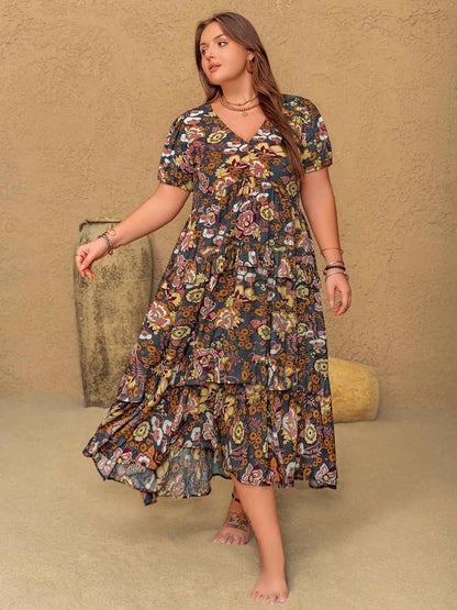Plus Size V-Neck Short Sleeve Midi Dress