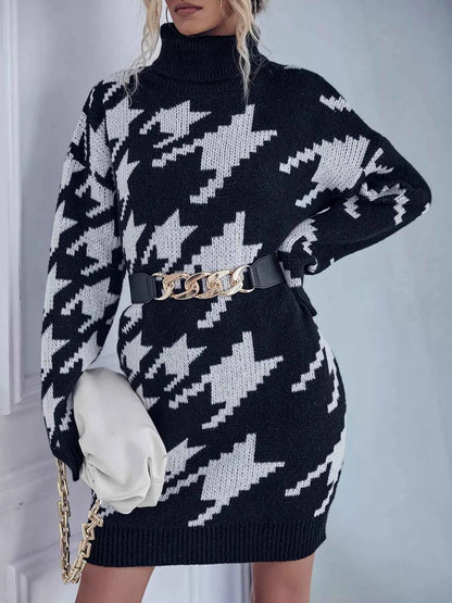 Houndstooth Pattern Turtleneck Sweater Dress