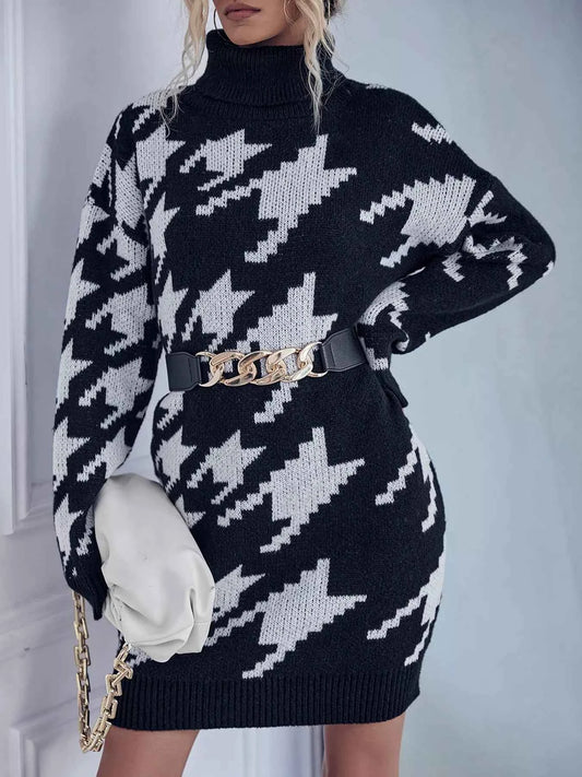 Houndstooth Pattern Turtleneck Sweater Dress