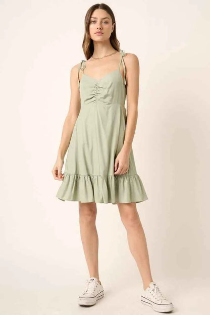 Mittoshop Ruched Detail Spaghetti Tie Mini Dress