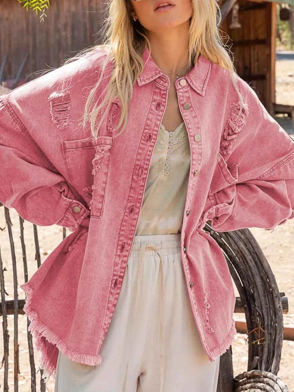 Raw Hem Button Up Denim Shacket