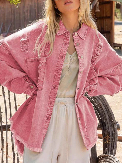 Raw Hem Button Up Denim Shacket