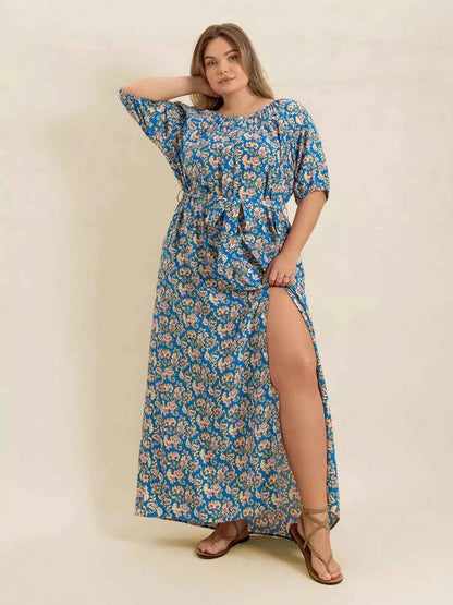 Plus Size Floral Print Maxi Dress with Side Slit