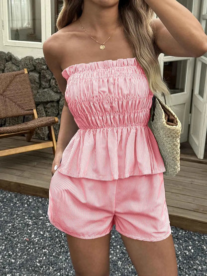 Striped Strapless Peplum Top and Shorts Two-Piece Set