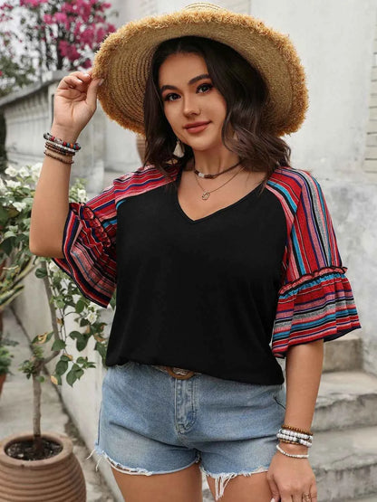 Plus Size V-Neck Flounce Sleeve Top