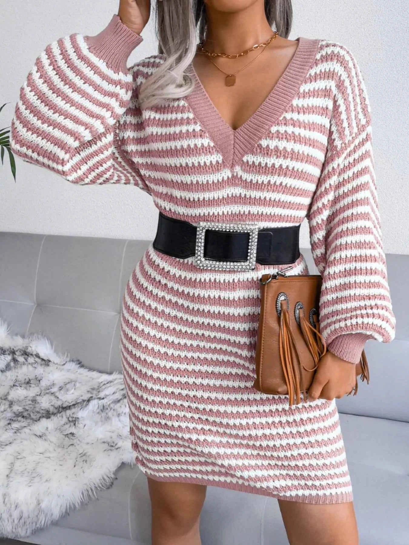 Striped V-Neck Long Sleeve Sweater Dress