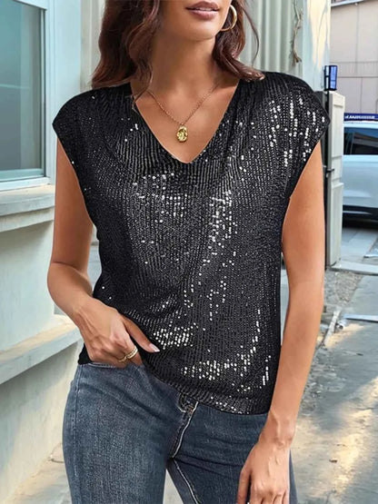 V-Neck Sequin Cap Sleeve Top