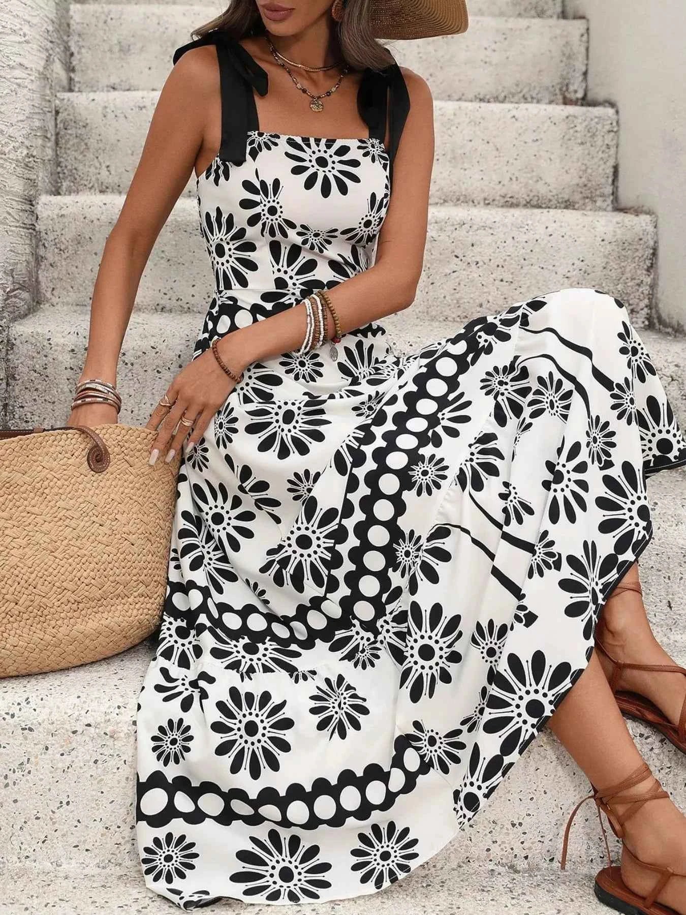 Floral Print Tie Strap Casual Maxi Dress