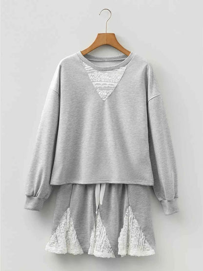 Lace Patchwork Drop Shoulder Top and Drawstring Skort 2pcs Outfit