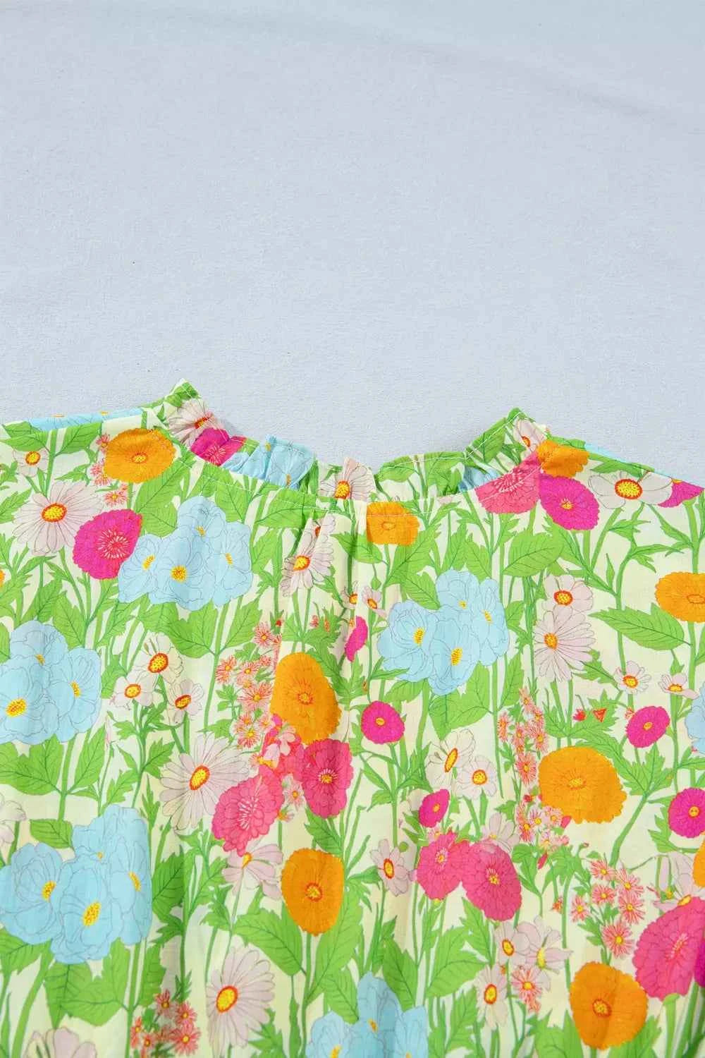 Floral Print V Neck Short Puff Sleeve Cotton Maxi Dress