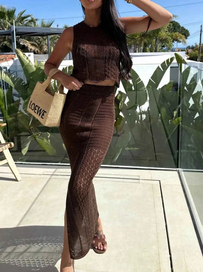 Openwork Round Neck Top and Slit Skirt Sweater Set