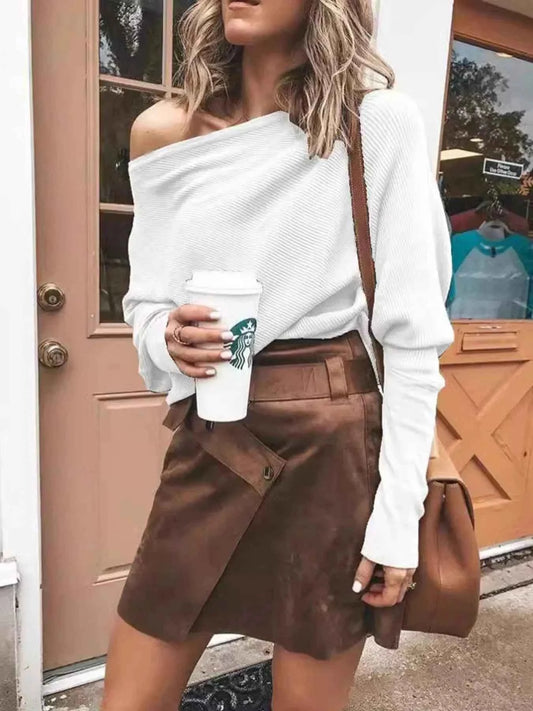 Full Size One-Shoulder Ribbed Sweater Plus Size