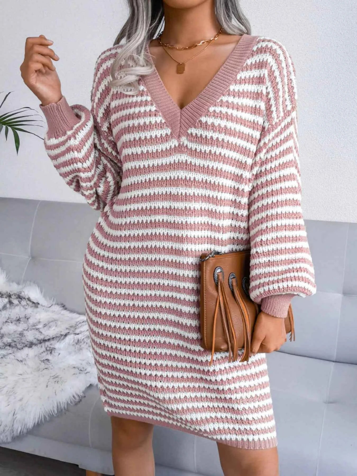Striped V-Neck Long Sleeve Sweater Dress