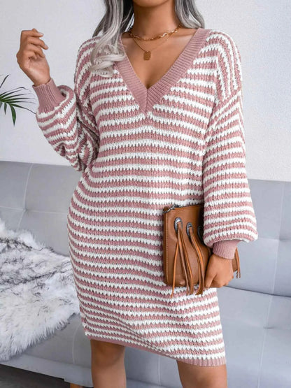 Striped V-Neck Long Sleeve Sweater Dress