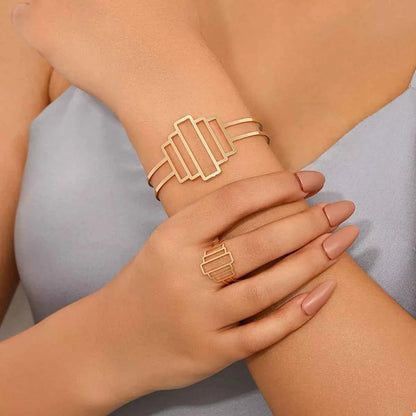 18K Gold-Plated Open Bracelet and Ring Jewelry Set