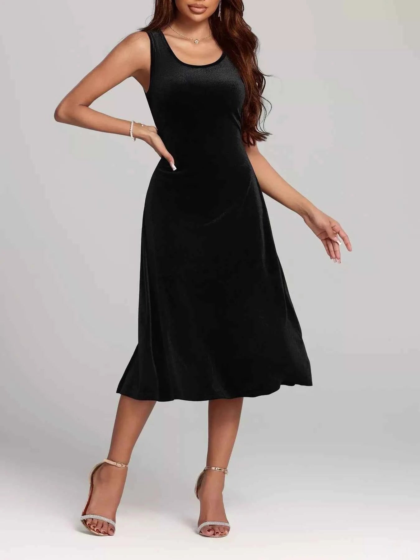 Round Neck Sleeveless Velvet A-Line Midi Dress