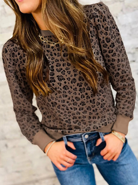 Ribbed Trim Leopard Print Long Sleeve Top