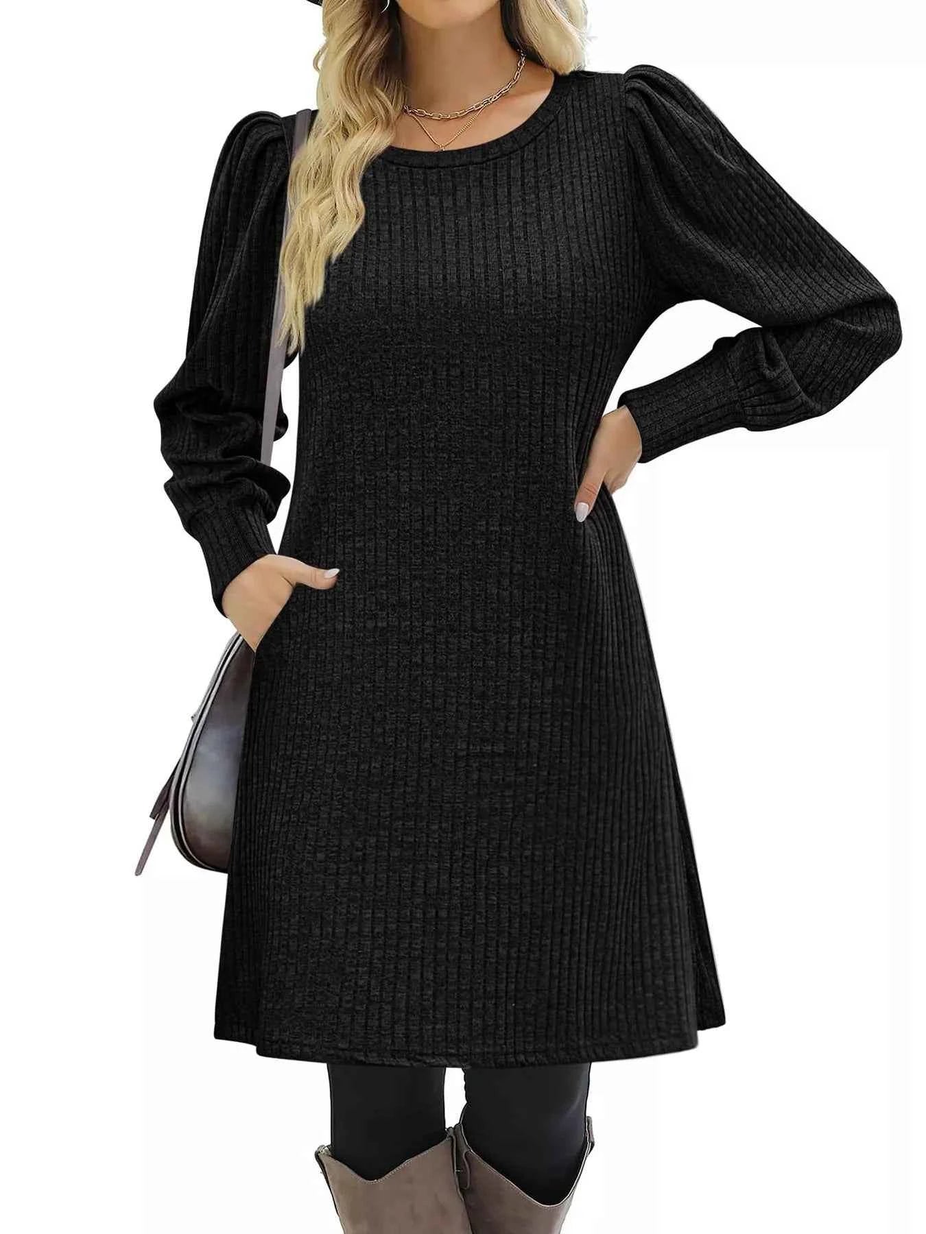 Ribbed Knit Puff Sleeve Casual Mini Dress