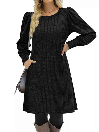 Ribbed Knit Puff Sleeve Casual Mini Dress