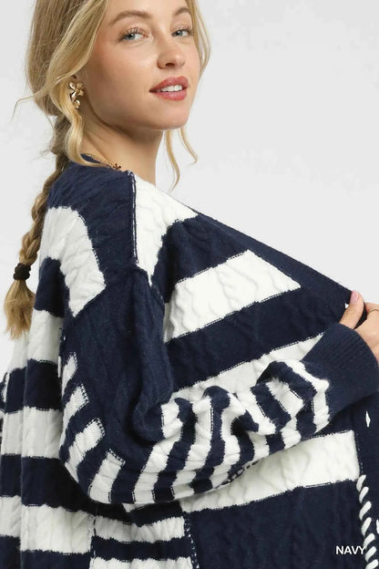 Umgee Cable-Knit Stripe Button-Up Cardigan