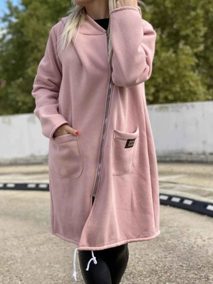 Full Size Asymmetrical Zip-Up Hooded Fleece Outerwear Plus Size