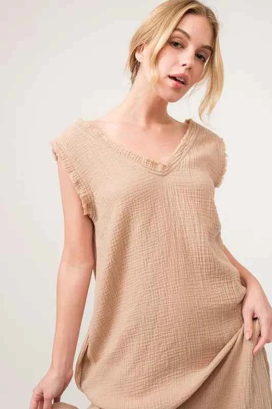And The Why Washed Cotton Gauze Fringe Detail Tiered Dress