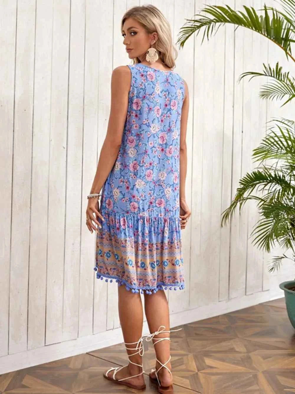 Tie Neck Sleeveless Floral Dress