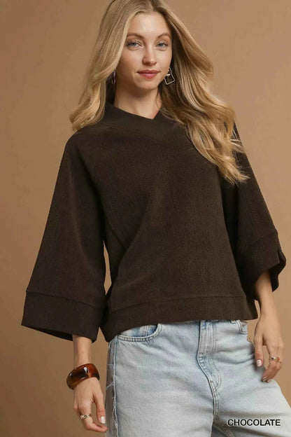 Umgee Textured Knit V-Neck Top
