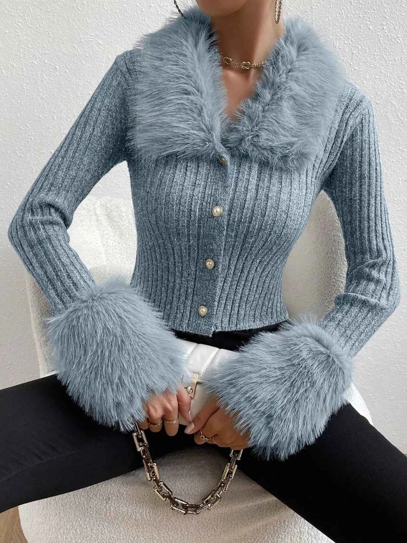 Faux Fur Trim Ribbed Knit Cropped Cardigan