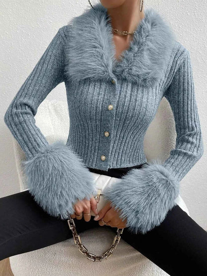 Faux Fur Trim Ribbed Knit Cropped Cardigan
