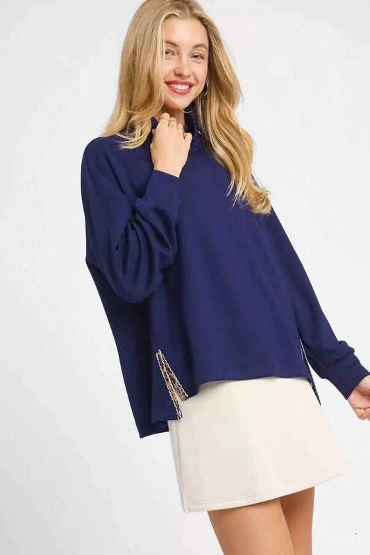 Umgee Turtle Neck Dolman Sleeve Side Slit Sweater with Contrast Detail