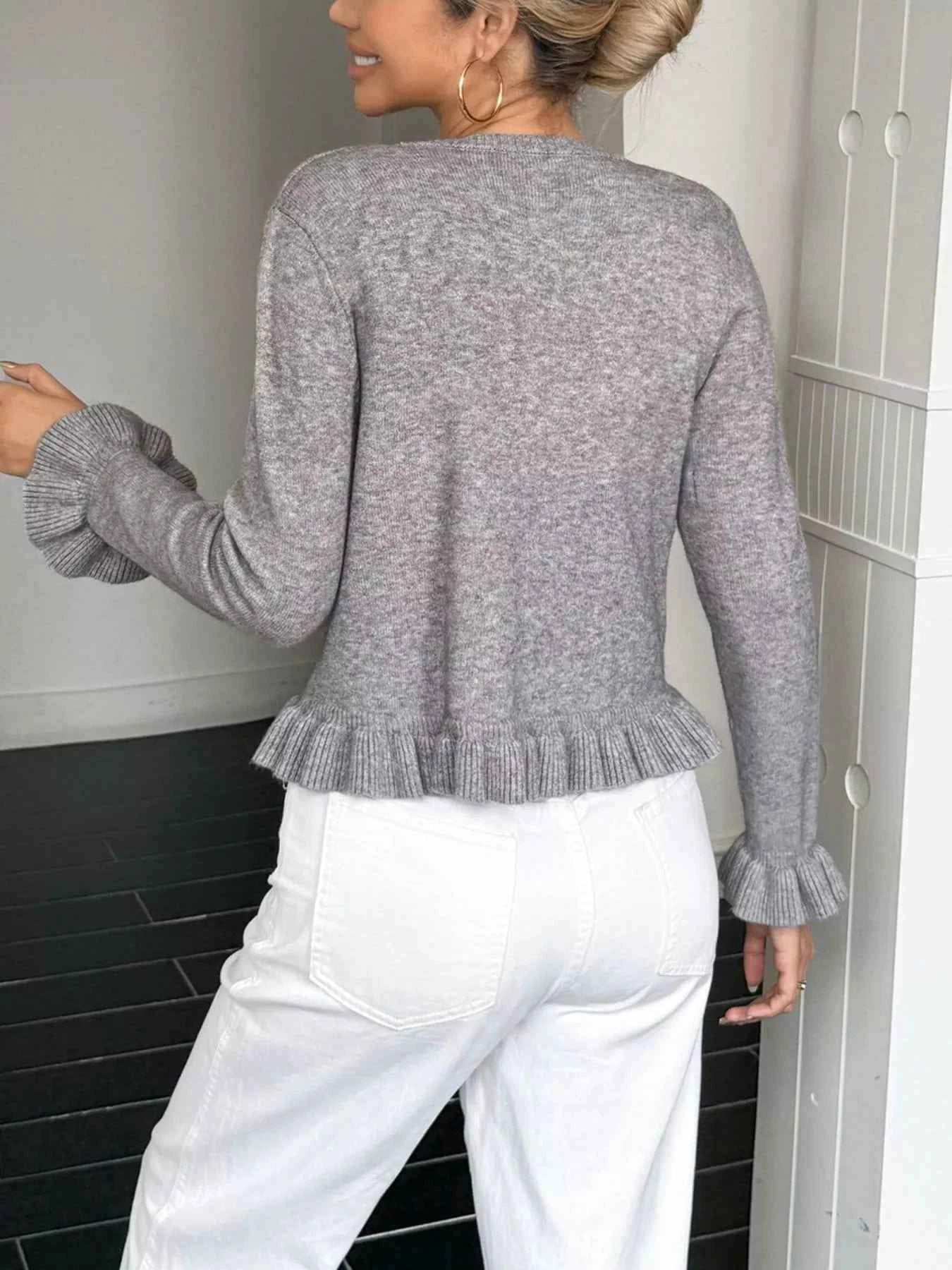 Ruffled Trim Button-Up Knit Cardigan